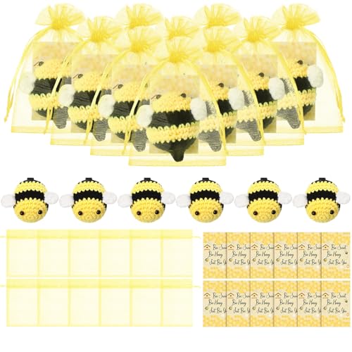 Image of HyDren 12 Sets Emotional Crochet Bee Encouraging Handmade Crocheted Honey Bee Gifts Collectible with Positive Card Organza Bag for Employee Coworker Volunteer
