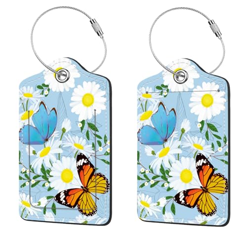 2 Pcs Luggage Tags for Suitcase, Cute Unique PU Leather Travel Bag Tag with Privacy Cover ID Label Address Card and Durable Metal Ring Suitable for Men Women Children Backpack,Butterflies and Flowers