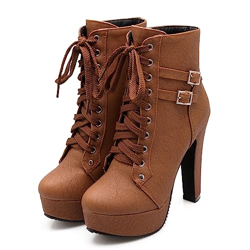 Bellirala Womens Platform Lace Up Biker Boots Chunky High Heel Booties Buckle