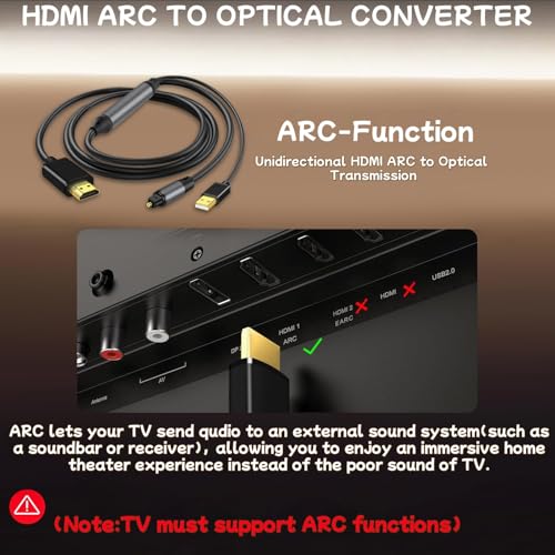 Image of 192KHz HDMI ARC to Optical Audio Converter[Only Work for HDTV A RC Interface] 6ft-ARC to Optical Audio Extractor Adapter for HDTV to Speakers, Amplifiers, Soundbar Support Dolby /DTS 5.1-No CEC