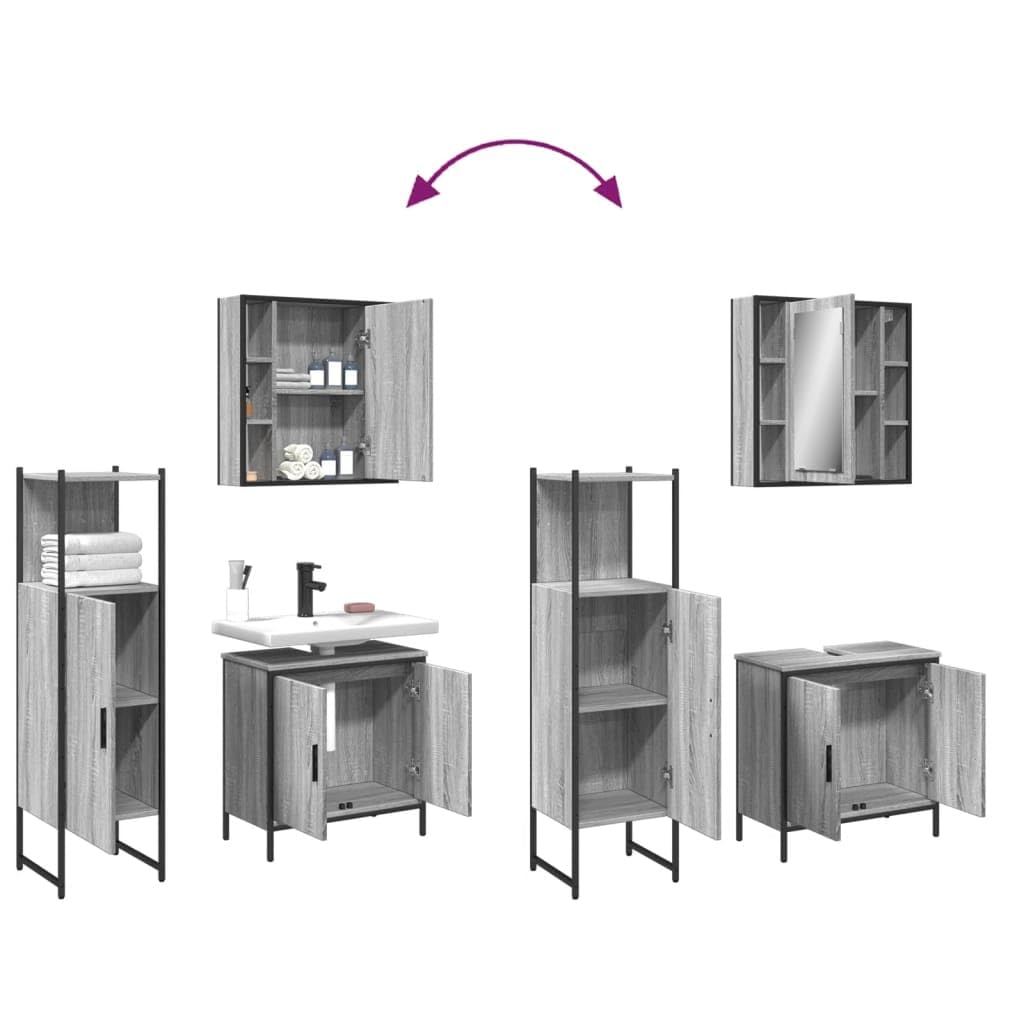 SYDE Set Mueble Baño 3 Piezas Gris Sonoma | Armario con Espejo, Estante Inferior, Acero Resistente, Patas Ajustables