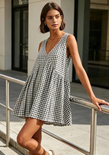 Image of Sleeveless Mini Dress for Women 2026 Summer Casual V Neck Sundress Loose Babydoll Dress with Pockets