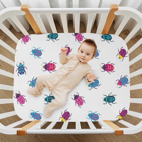 Image of VIGTRO Colorful Ladybugs Print Baby Crib Sheets for Boys Girls, Breathable Soft Fitted Crib Playard Sheets Baby Mattress Sheet, S 39x27x5in