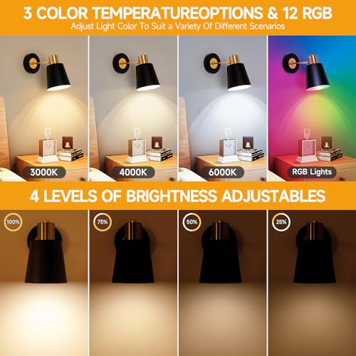 Image of 2 Pack Black Rechargeable Battery Operated Wall Sconces, Vintage Wireless Battery Powered Wall Lights with Remote, 15 RGB Dimmable, Cordless Wall Decor Lamp Indoor for Bedroom Living Room Hallway