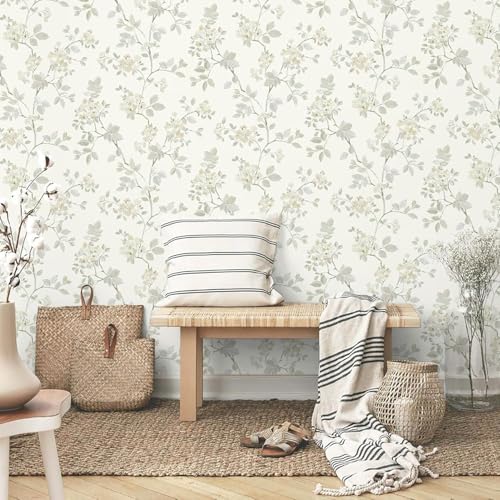 Image of Wallpaper Peel and Stick Vinatge Flowers Leaves Watercolor Elegant Birds Floral Forest Animals Tree Palm Leaf Pattern Design Textured Tropical and Botanical Removable Vinyl 16.5By87INCH