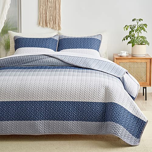 Striped Cotton Quilt Set Queen Size With Navy White Blue-Gray Stripes Soft Cotton Reversible 3Pc Quilt Bedding Set, Coverlet, Bedspread With 2 Pillow Shams #TOP1
