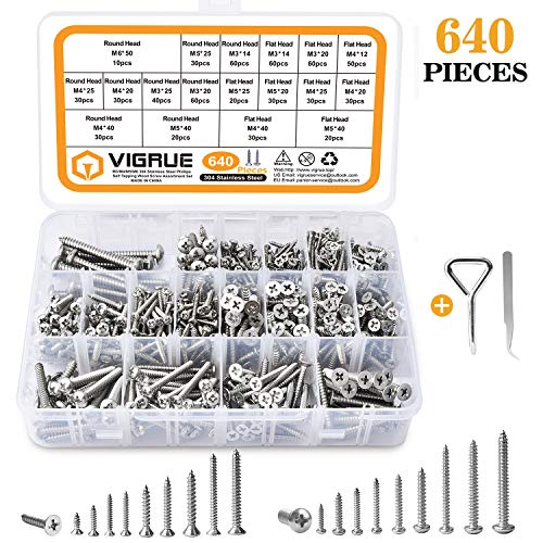 Preisvergleich Produktbild VIGRUE M3 M4 M5 Bohrschrauben 304 Edelstahl Schrauben Set Flachkopf Blechschrauben Kreuzschlitzschrauben mit flacher Aufbewahrungsbox (640Stücke)