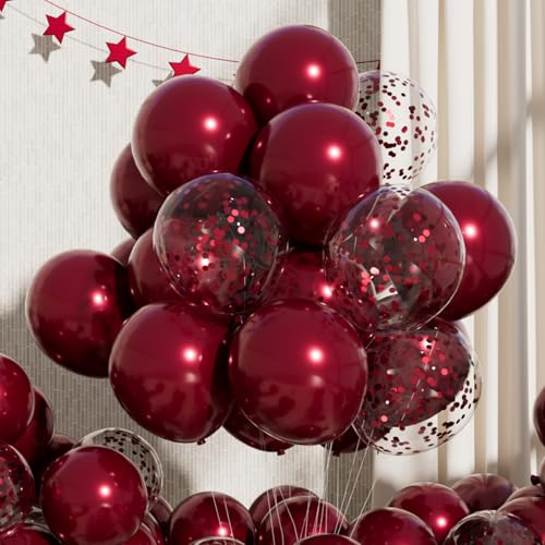 Image of Burgundy Latex Balloons: 55Pcs 12 inch Maroon Confetti Party Balloons and Dark Red Helium Latex Balloon Ribbons for Birthday Graduation Wedding Valentine's Day Decoration