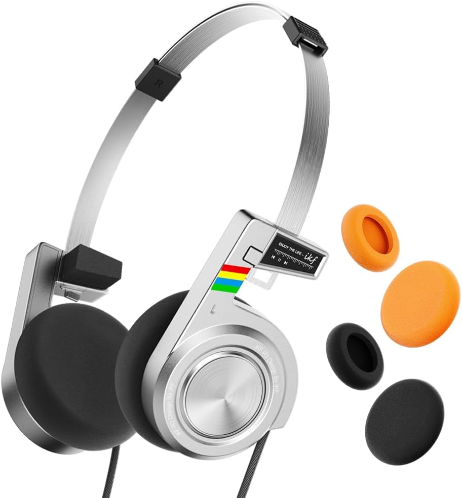 iKF R3 Classic Retro Bluetooth Wireless Headphones (Not Wired) – Foldable Lightweight Over-Ear, 60H Playtime, Built-in Mic, Inline Controls, 80s 90s Vintage Style, Silver