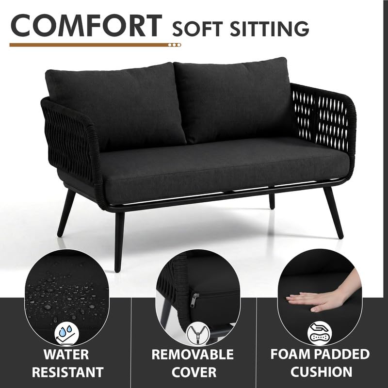Image of BRISHI Outdoor Sofa Set || Balcony Sofa || Patio Furniture Sets | Conversation Sets | Braid & Rope Garden Seater Sofa Set and Center Table (4 Seater Black)