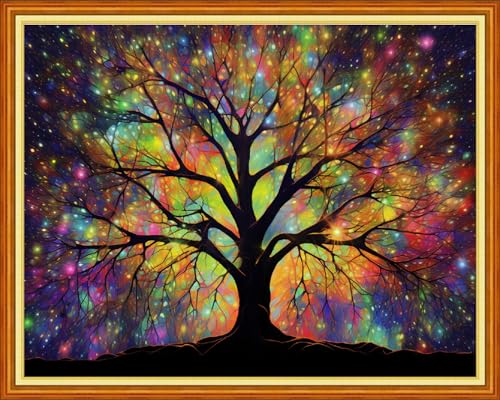Image of Dooxvey Cross Stitch Kits for Adults Stamped Full Range of Embroidery Starter Kits for Beginners 11CT Printed Cross Stitch Patterns Needlepoint Kits Stamped Crossstitching-Night Light Tree 16x20 inch