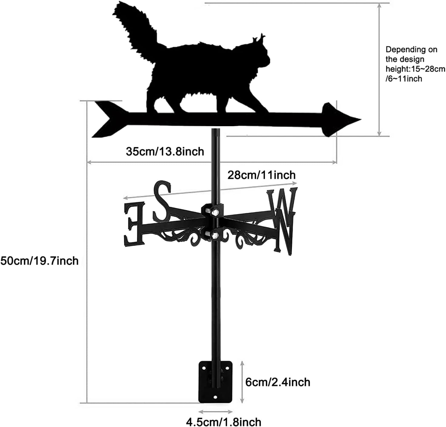 Weathervane with Farm Iron Cat Ornament Shaped Weather Vane Wind Direction Indicator, Yard Roofs Measuring Tools Outdoor Garden Decoration,Cat~d