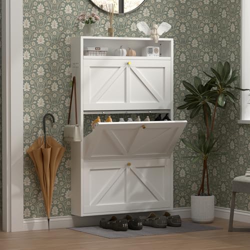 Image of Modern Slim Shoe Organizer, 3 Flip Shoe Cabinet with Open Storage, Narrow Shoe Rack for Entryway, Front Door, Living Room, White
