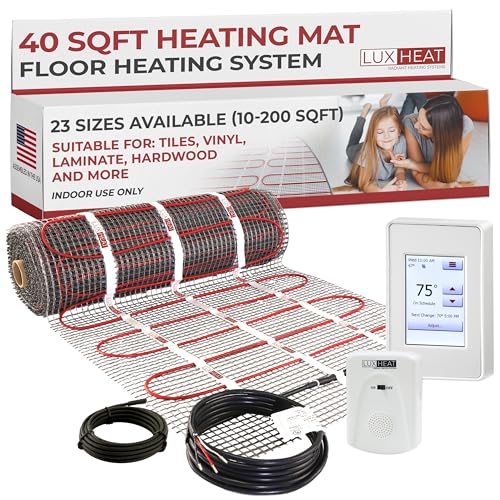 LuxHeat 40sqft Floor Heating Mat Kit - 120v Under Floor Heating System - Complete Electric Radiant Heated Flooring System Includes Alarm, UDG4 Programmable Thermostat w/GFCI & Flooring Sensor