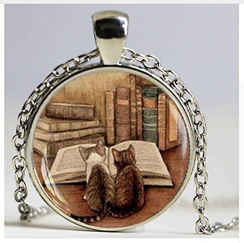 Vintage Books and cat Pendant Necklace, Book Lover Jewelry, Librarian Gift, Bibliophile Gift