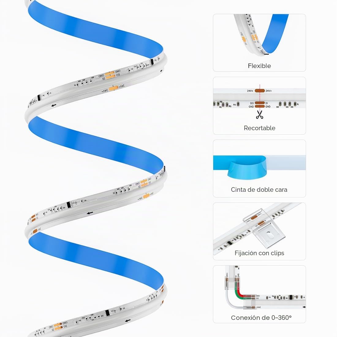 FCOB COB WS2811 IC RGB Direccionable Tira LED 7.5m 24V 630LEDs/m Blanco PCB