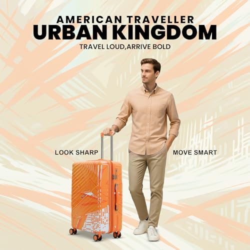 Image of AMERICAN TRAVELLER Urban Kingdom Trolley Bag | Durable Polycarbonate Hard Shell | TSA-Type Lock | 360 Disc Spinner Wheels | Expandable Suitcase for Travel (20, Orange)