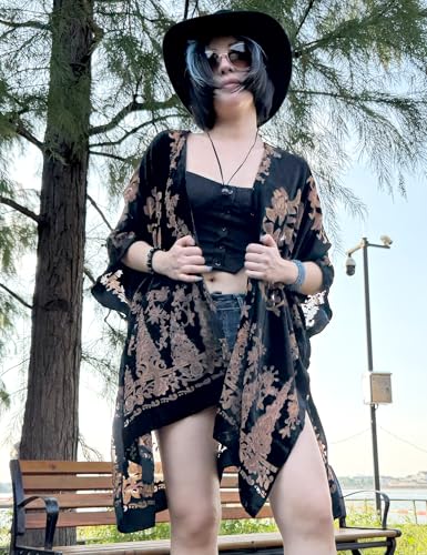 Image of Women's Burnout Velvet Kimono Long Cardigan Cover Up Casual Outfit