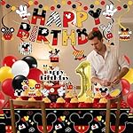 Cartoon Mouse Theme Birthday Decorations-1st Party Supplies Kit with Balloons, Tablecloths, Banner, Cake Topper, Circle Dots Party Garlands, Red Black Yellow Birthday Party Decor for Boy Girl Child - Image 5