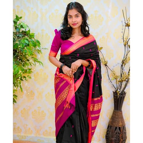 Image of DHIHA Gadwal Cotton Saree for Women | Pure Kalyani Cotton Saree with Zari Border Tassels & Blouse | Kanjivaram Linen Silk | Handloom Weave