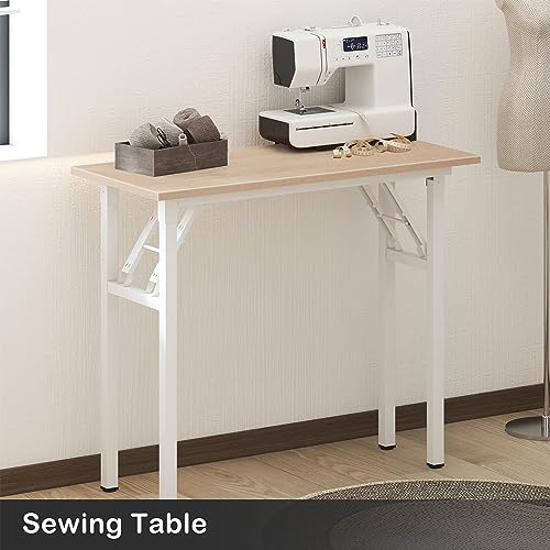 Image of Need Small Computer Desk 31.5x15.7 Inch Folding Home Office Table Pink Oak | White Frame Writing Gaming Work Table /Sturdy Foldable Study Table for Small Space /Dormitory, No Assembly Required