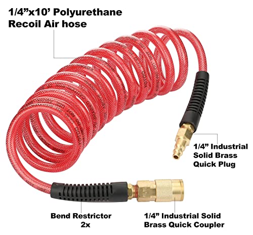 Yotoo Recoil Air Hose Reinforced Polyurethane 1/4" Inner Diameter By 10' Long With Bend Restrictor, 1/4" Swivel Industrial Quick Coupler And Plug, Red #TOP1