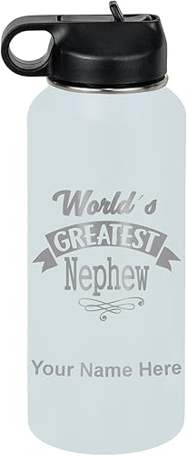 Miniatura 42 de LaserGram Botella de agua con tapa abatible de doble pared de 20 onzas con popote, sobrino más grande del mundo, grabado personalizado incluido