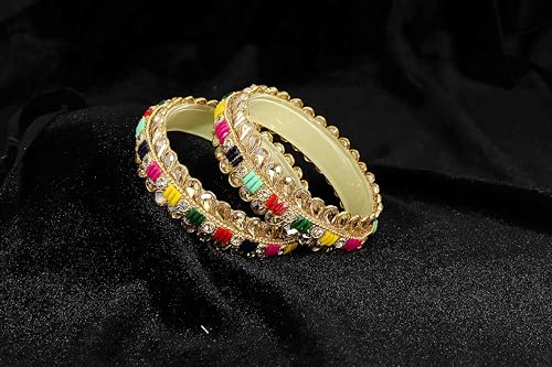 Image of NMII Glass Golden Zircon Stone & Kundan Beads Kada Set For Women & Girls | Fancy Design Kada Bangles | Traditional Look Kangan | Glass Bangles For Women Wedding, Party, Function, Daily use