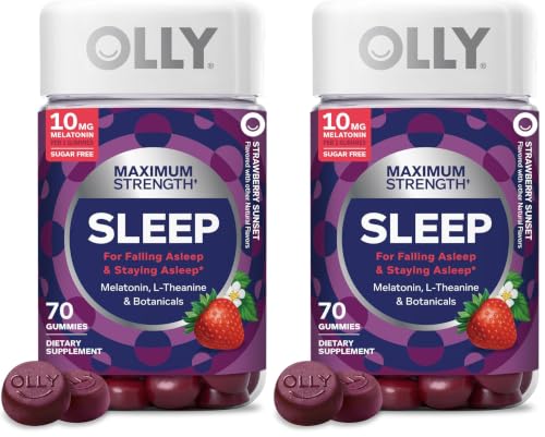 Image of OLLY Max Strength Sleep Gummy,10mg Melatonin,L-Theanine,Chamomile,Lemon Balm,Sugar Free,Vegetarian Sleep Aid,Strawberry -,70 Count (Pack of 2)