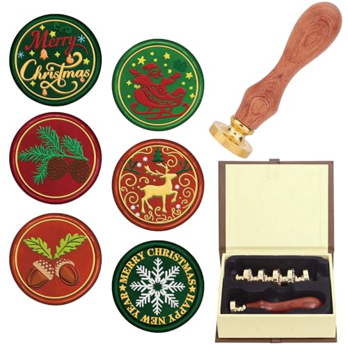 CRASPIRE 7Pcs Merry Christmas Wax Seal Stamp Set Sealing 6 Styles Stamps 25mm Heads+1Pc Wood Handle Snowflake Santa Claus Pinecones Deer for Xmas Party Envelope Invitation Cards Gift Wrapping Crafts