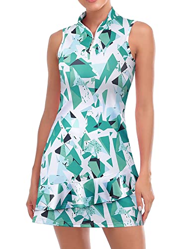 Tennis Dress For Women Classic Golf Outfits Sleeveless Short Dresses With Pockets Zip Up Stand Collar Lightweight For Athletic Green Geometry-S