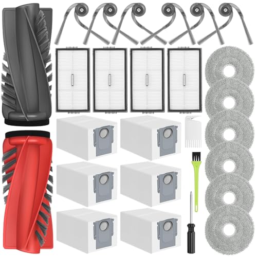 DrRobor 27 Accessoires pour Roborock Saros 10R/Qrevo CurvX/Curv 2 Pro Robot Aspirateur, Kit d' rechange avec 2 Brosses Principales, 6 Brosses Latérales, 6 Serpillères, 6 Sac À Poussière, 4 Filtre Hepa