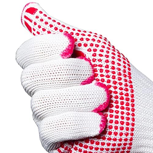 Jah Baumwoll/Polyamid-Feinstrickhandschuh mit Noppen (weiß/rot) – mittelschwer & griffsicher – für Kommissionierung, Versand & Regalservice