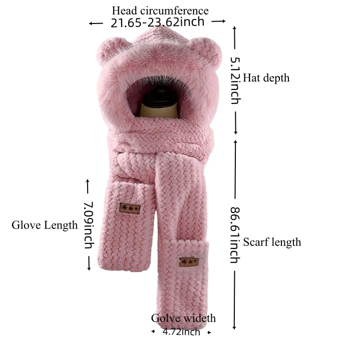Winter Hooded Scarf for Women Cute Bear Ear Hat Scarf 3 in 1 Faux Fur Gloves Set Soft Warm Hat with Mittens4