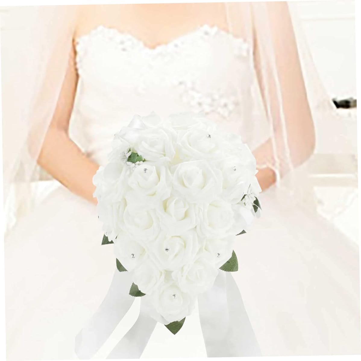 Künstlicher Blumenstrauß, Hochzeitsstrauß für die Braut 12 Zoll, weiße Brauthalterblumen, künstlich für die Hochzeit.
