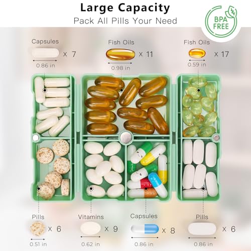 Image of FYY Travel Pill Organizer,7 Compartments Small Pill Box Medicine Case-Green