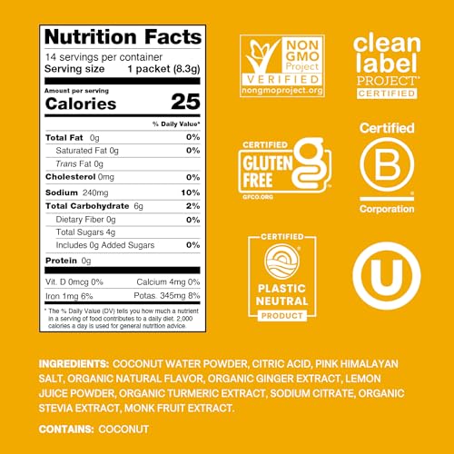 Image of Cure Hydration | Plant-Based Electrolyte Drink Mix | No Added Sugar | FSA-HSA | Dehydration Relief Powder Made with Coconut Water | Non-GMO | Vegan | Pouch of 14 Packets - Ginger Turmeric