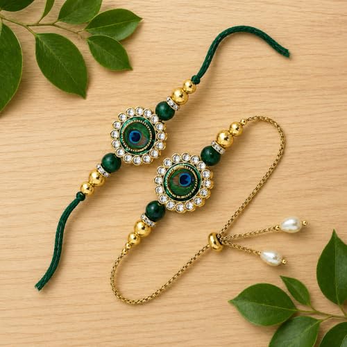 Image of Riddhika Ventures Glorious Gold Plated Religious Diamond Ring Rakhi || Traditional Rakhi Set of 2 & Festive Gift || Rakhi Gift Combo for Bhaiya Bhabhi (J2SM)
