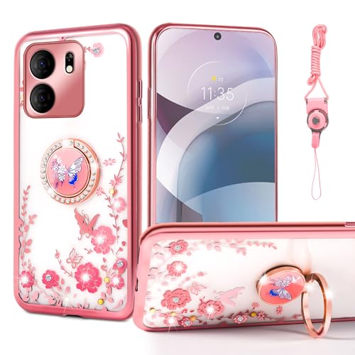 nancheng for 6.56-inch BLU View 5 (B160V) Phone Case Cute Girls Women Soft Silicone Cover with Ring Stand Strap Lanyard Shockproof Protection Case - Rose Butterfly
