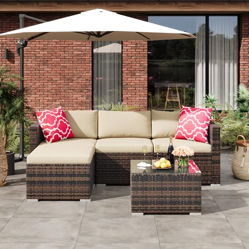 Image of GAOMON 5-Piece All-Weather Patio Furniture Set, Convertible Outdoor Sectional Sofa with Ottoman & Tempered Glass Table, PE Rattan Conversation Set for Garden, Backyard, Porch, Poolside