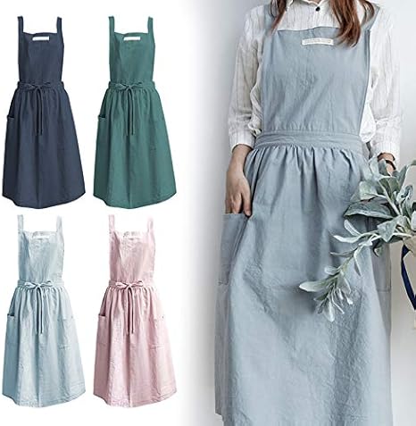 Amazon Yuchurey エプロン おしゃれ かわいい ワンピース コットン素材 おしりが隠れる ポケット付き 汚れにくい 透けない 無地 ブルー エプロン オンライン通販