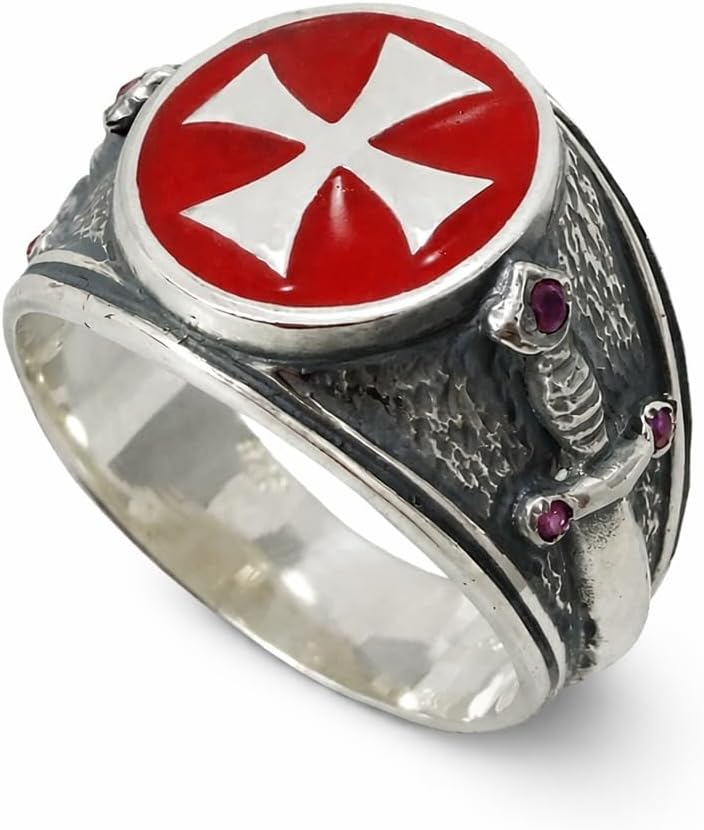New Knights Templar Ring Sterling Silver 925 Cross Red Enamel Handmade Jewelry