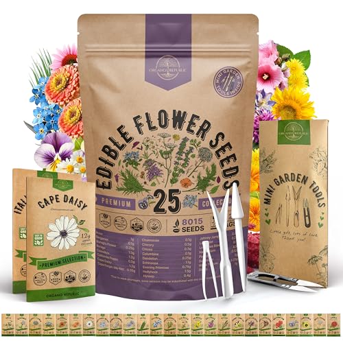 Organo Republic 25 Edible Flower Seeds Variety Pack for Indoor Outdoor Gardening - 8,000+ Non-GMO Heirloom Flower Seeds: Anise, Hyssop, Nasturtium, Pansy, Echinacea, Lavender, Chives & More