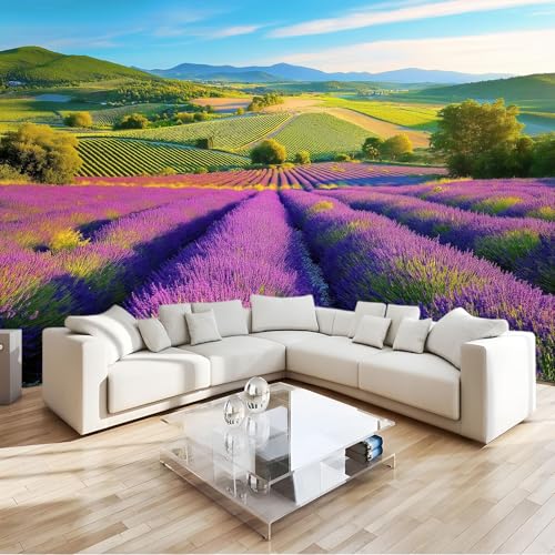 Couleur Papier peint photo en non-tissé - 300 x 210 cm 3D Poster Geant Mural Motif Nature Champs Fleurs Lavande, Décoration murale pour salon chambre à...