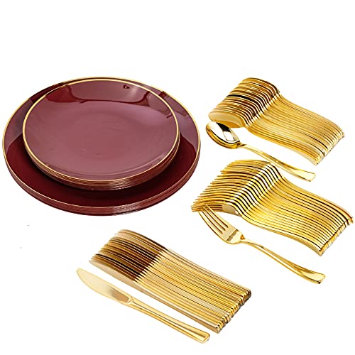 Trendables Disposable Plastic Plate Set For Party With Plastic Cutlery Set Burgundy 10 Pack : Spoons Forks Knifes Plastic Dinnerware Sets Plastic Plates plastic Disposable plates for party Serves 10