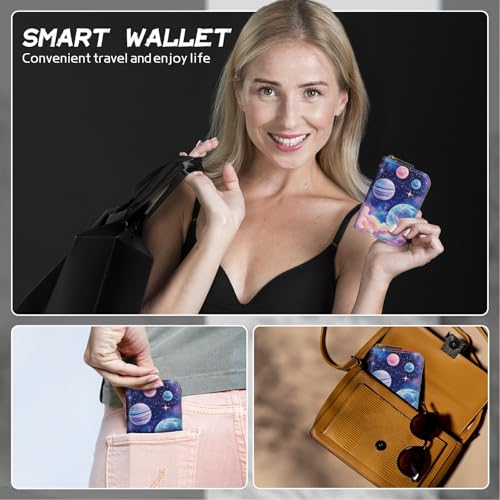 Image of Cute Credit Card Holder with Zipper, Pink Starry Planets RFID-Blocking Card Case Small Wallet for Women Men, Multi-slot Card Organizer Case Travel Accordion Wallet