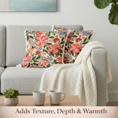 Image of STITCHNEST 'Little Meadow Series' Tassled Cushion Cover | Set of 2 | Floral Cushion Cover 24 inch x 24 inch