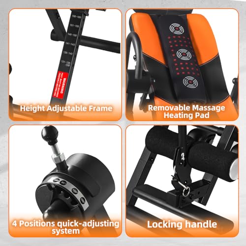 Teclor Advanced Heat and Massage Strength Training Inversion Table for Back Pain Relief,Heavy Duty Inversion Table 350 lbs Capacity with Wider and Thickened Backrest, Orange/Black