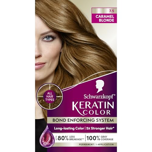 Schwarzkopf Keratin Permanent Hair Dye Cream, 7.5 Caramel Blonde, Professional Quality Color for Up to 100% Gray Coverage, Bond Enforcing System