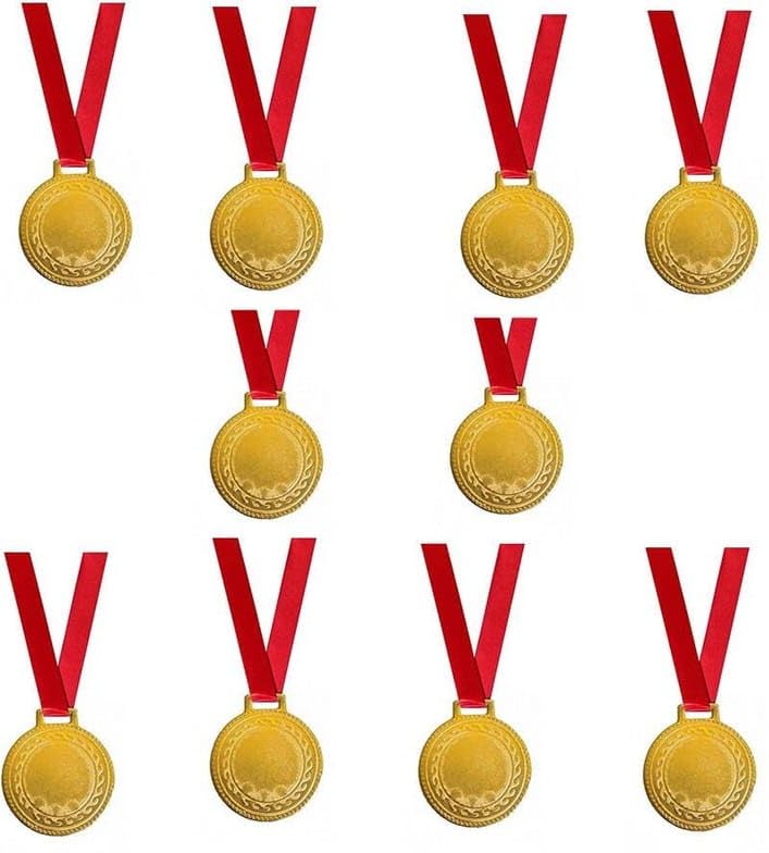 gold finish trophy medal with ribbon | winner award for sports & school events (gold pack of 10)